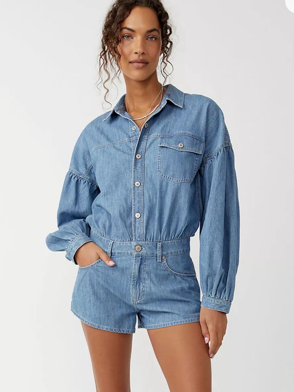 Free People Light Blue Denim Romper